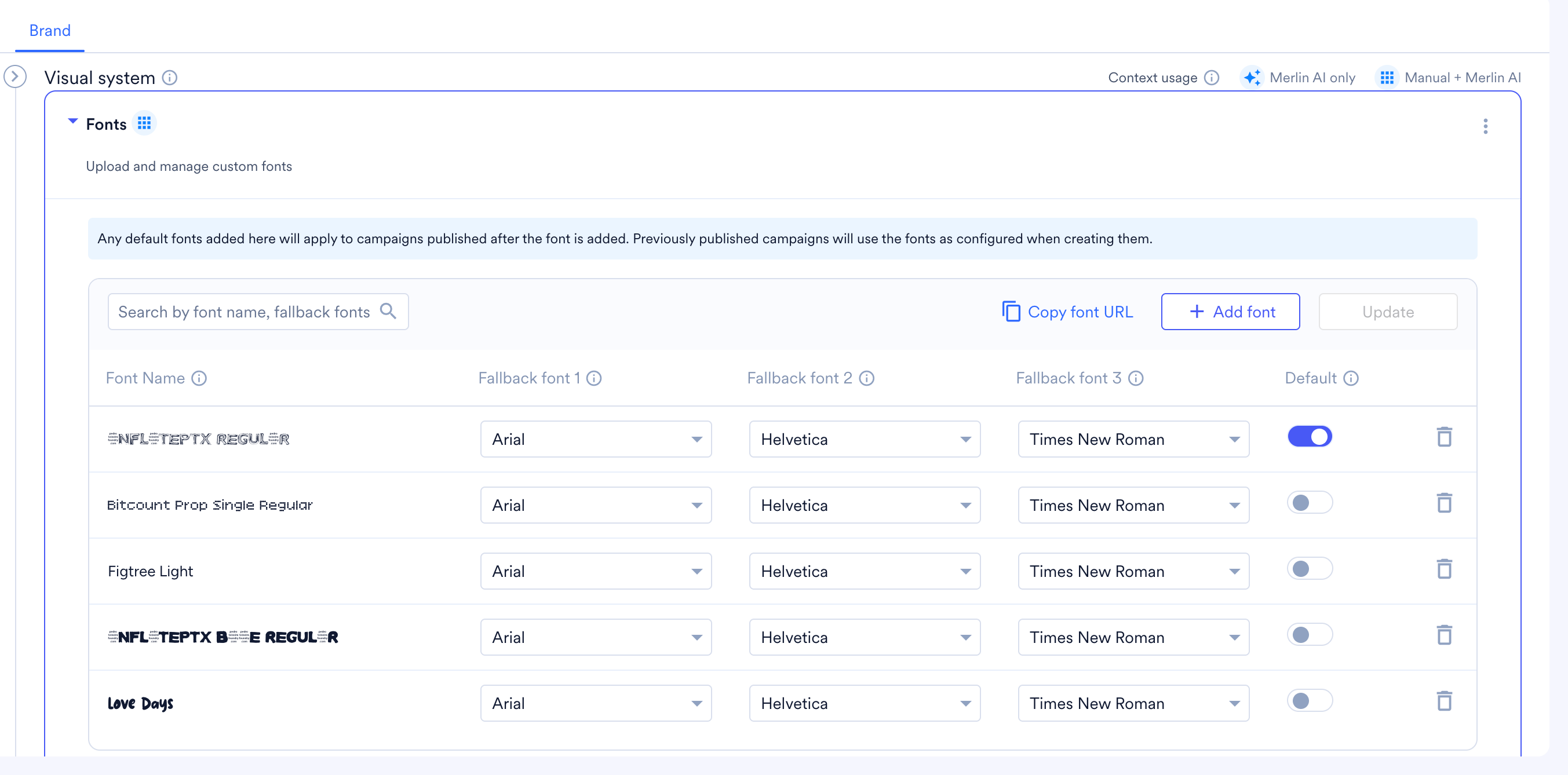 Fonts entry under Visual system, showing font names, fallback fonts, and the Add font option