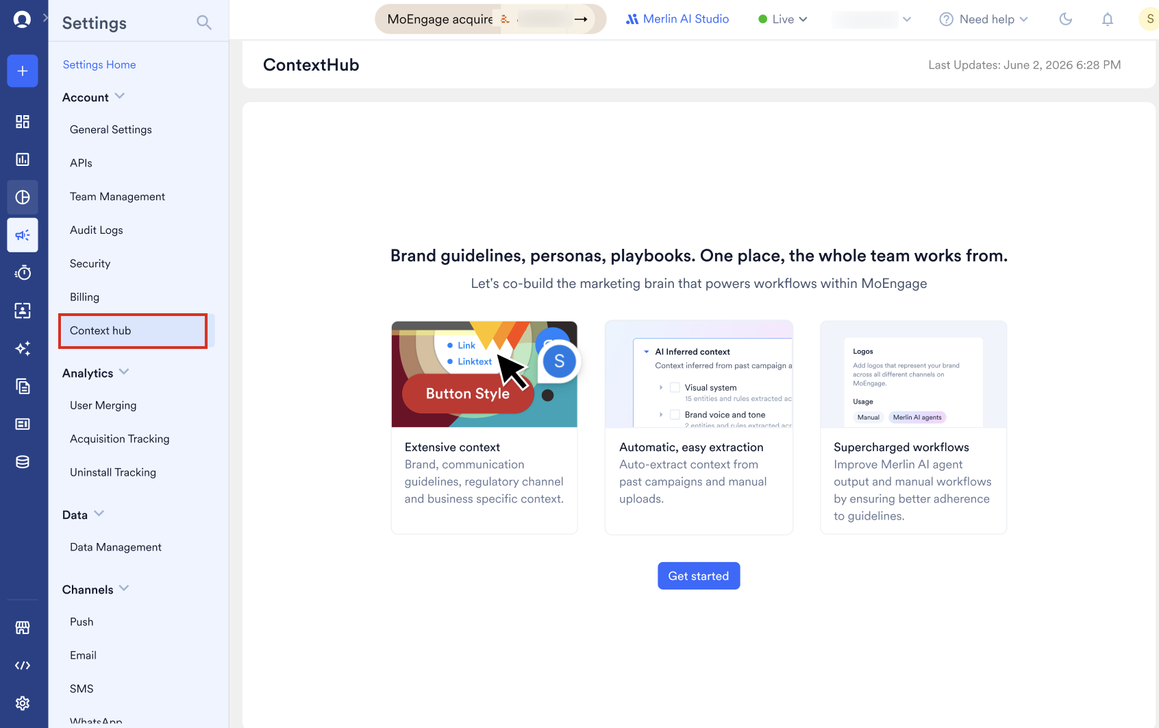 Context Hub first-time screen with the Get started button