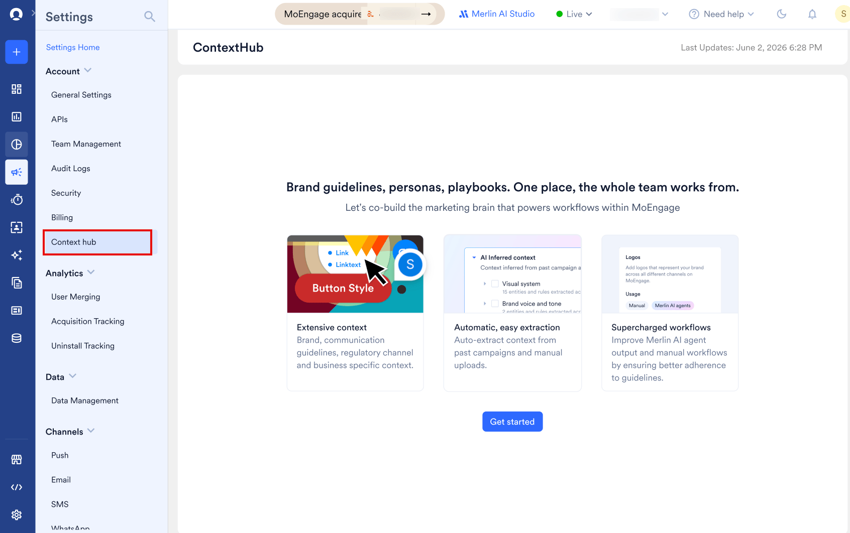 Context Hub first-time screen with the Get started button