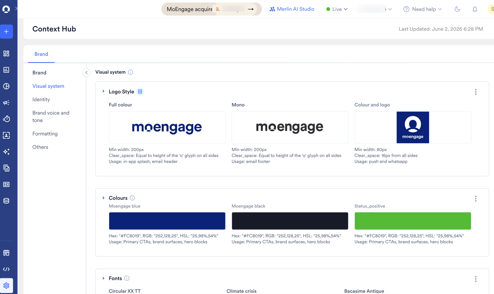 Context Hub Brand tab showing the Visual system section with Logo Style, Colours, and Fonts entries