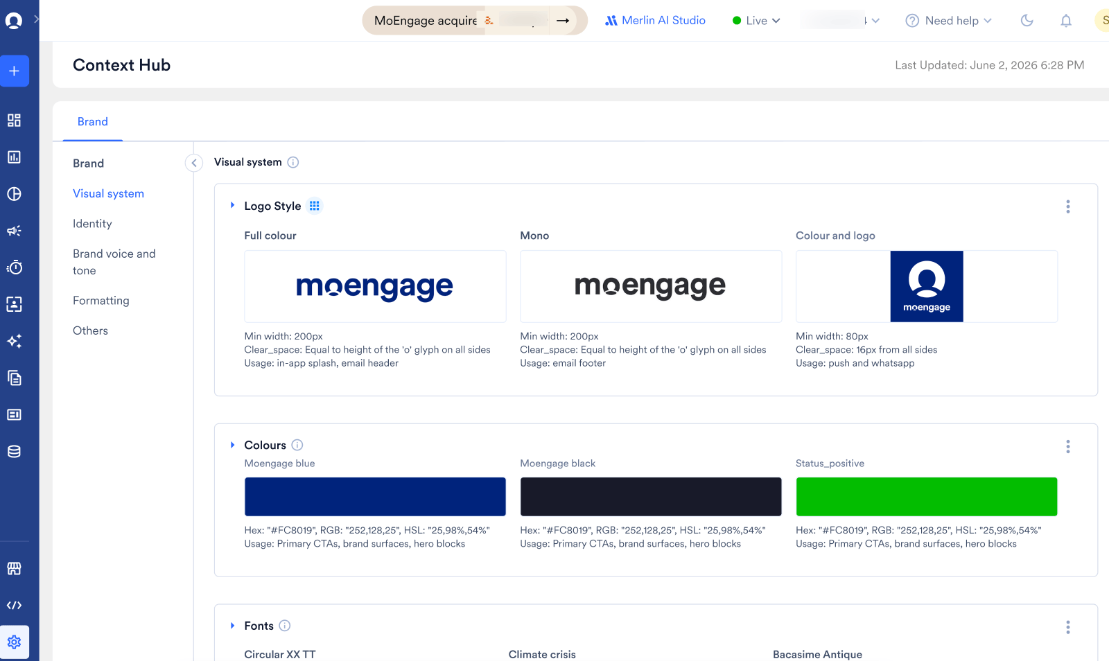 Context Hub Brand tab showing the Visual system section with Logo Style, Colours, and Fonts entries