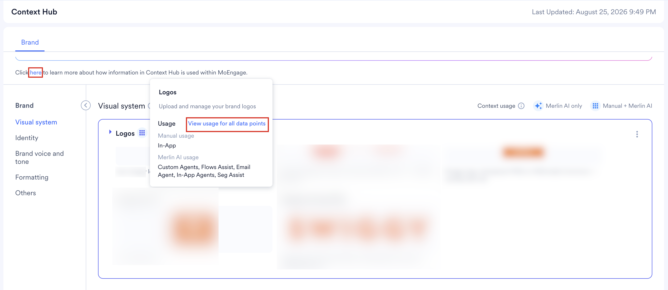 Entry usage popover with the here help link and the View usage for all data points option