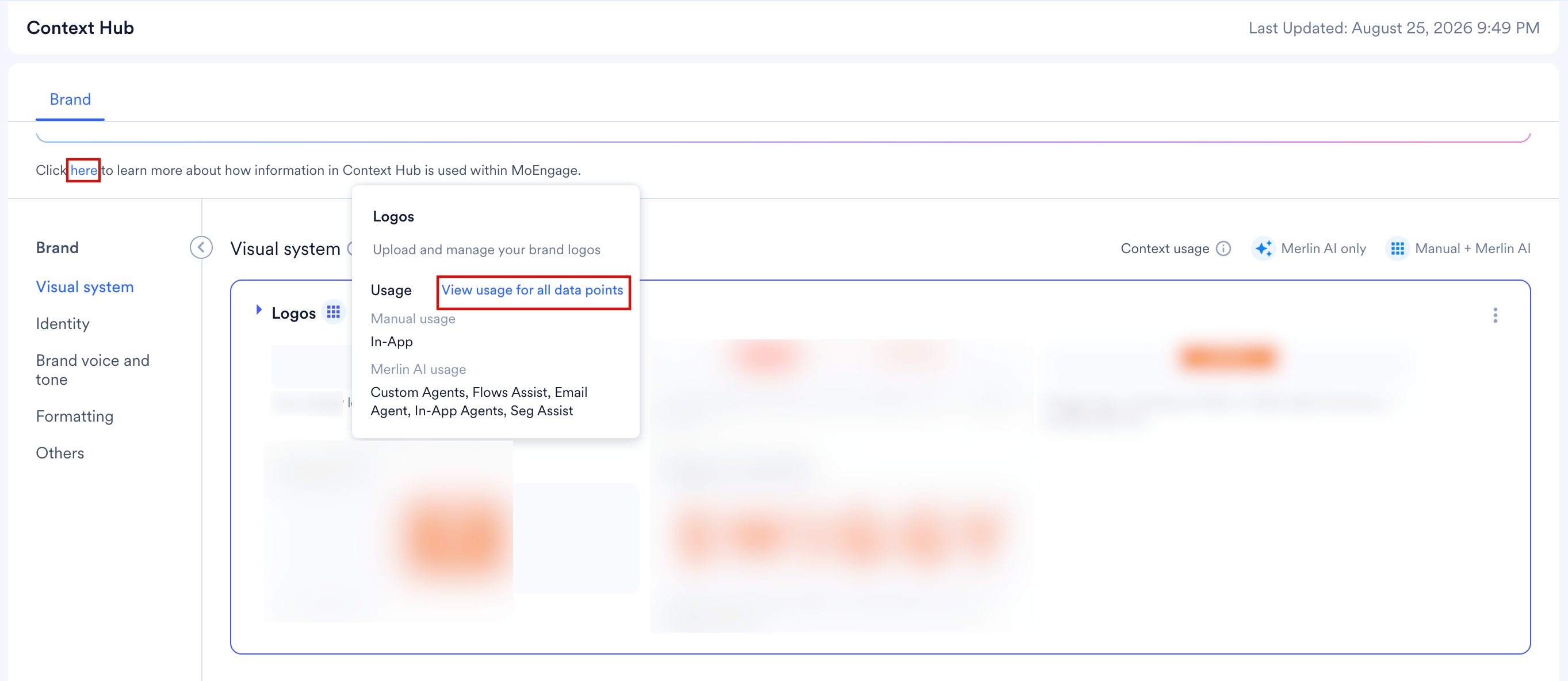 Entry usage popover with the here help link and the View usage for all data points option