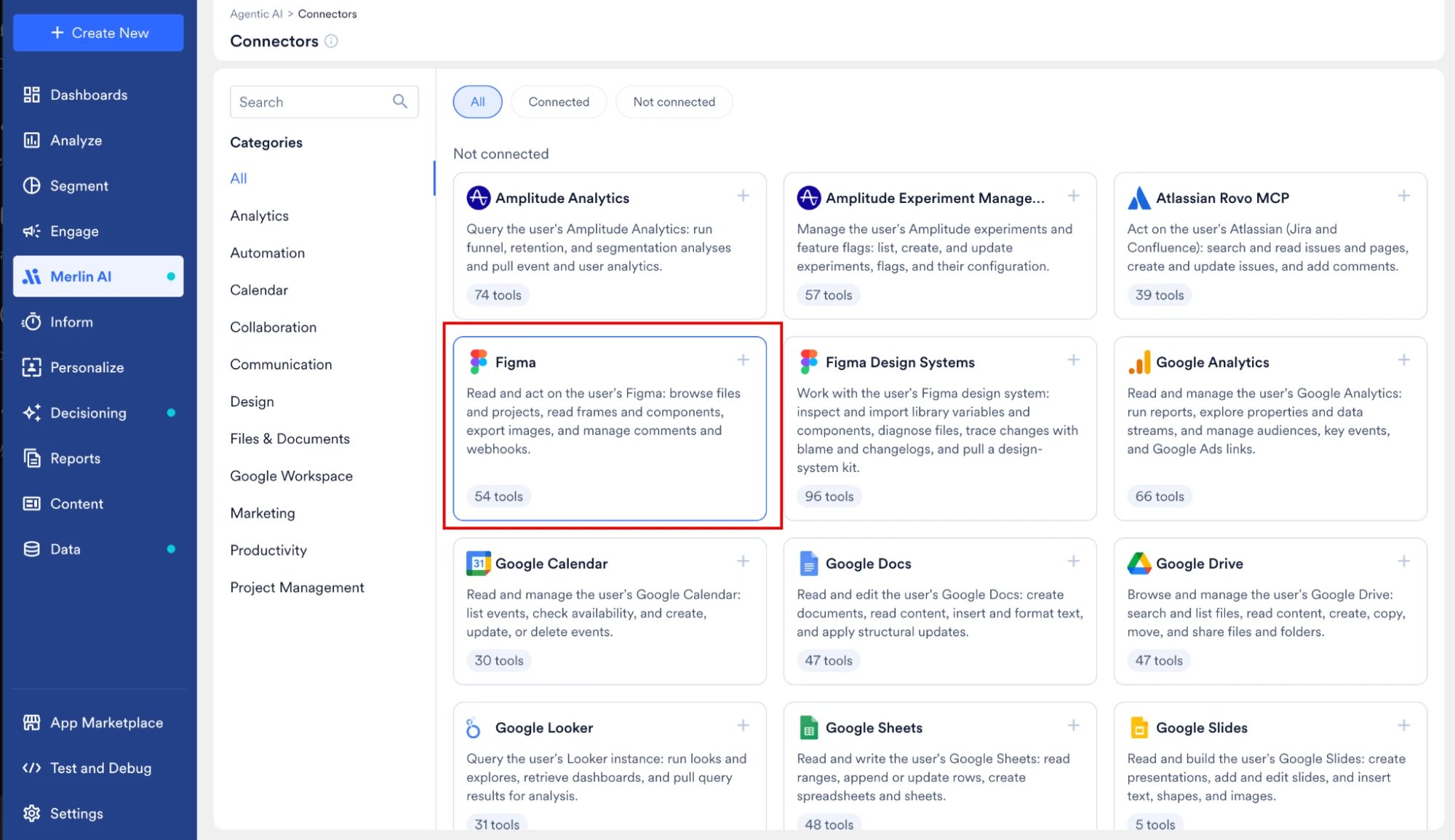 Connectors page with the Figma connector card selected under Not connected