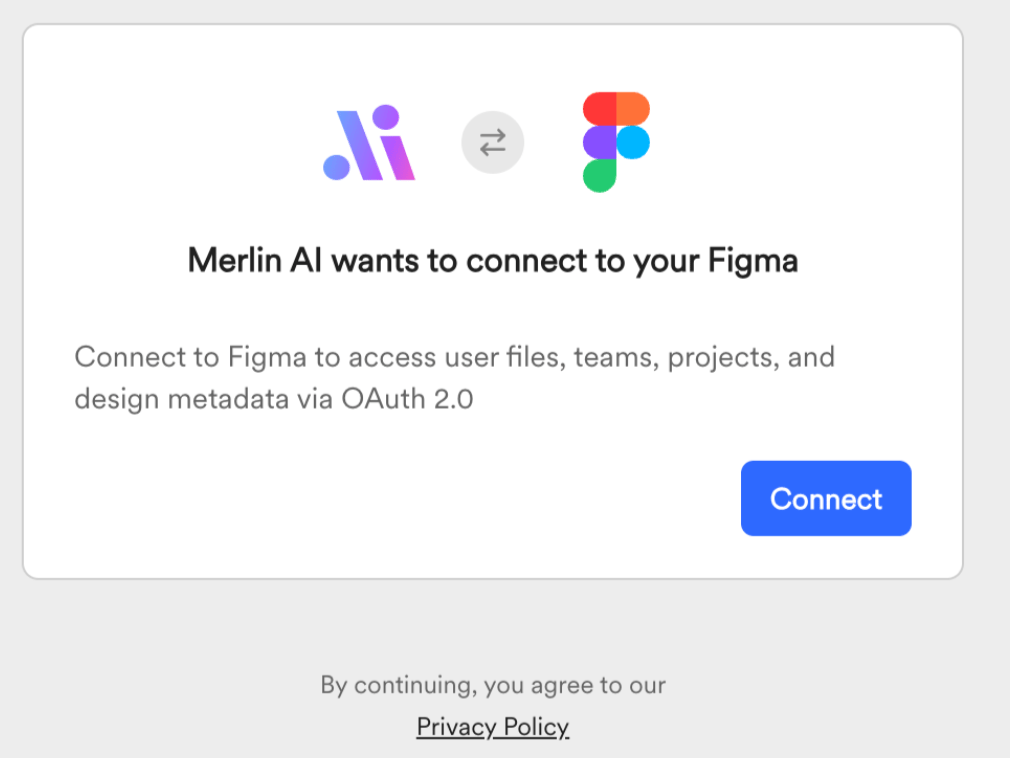 Confirmation screen stating that Merlin AI wants to connect to your Figma account over OAuth 2.0