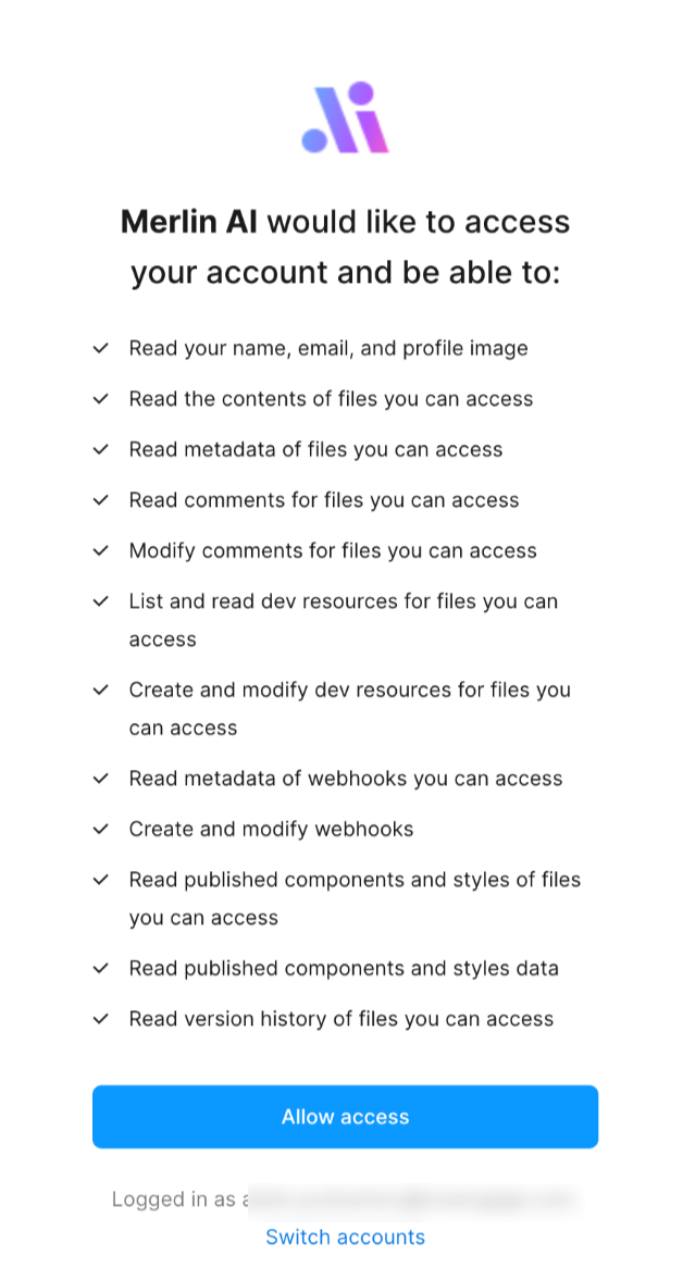 Figma consent screen listing the account access that Merlin AI requests, with the Allow access button