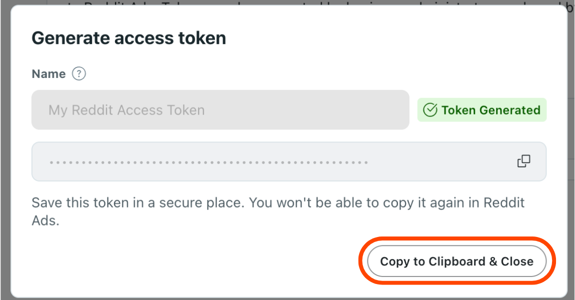 Reddit Generate access token dialog with the Copy to Clipboard and Close option