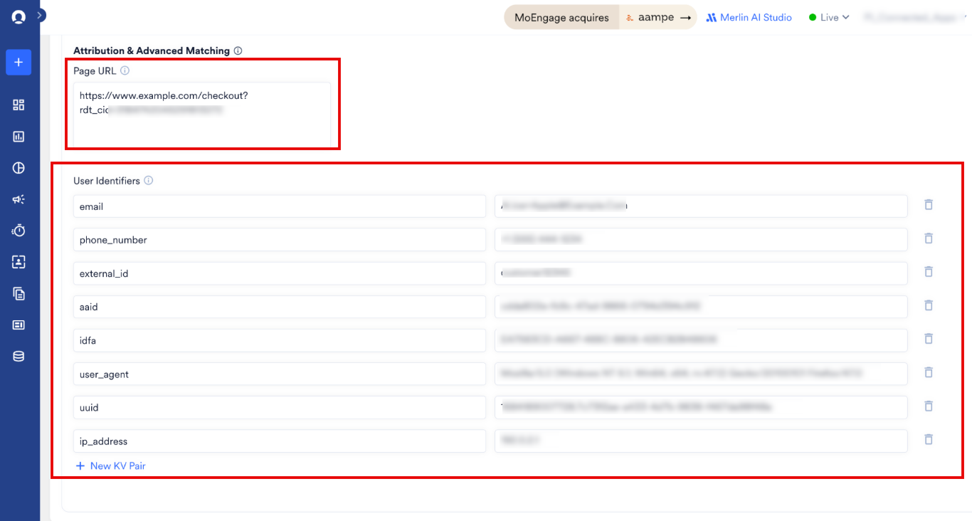 Reddit campaign Attribution and Advanced Matching showing Page URL and User Identifiers