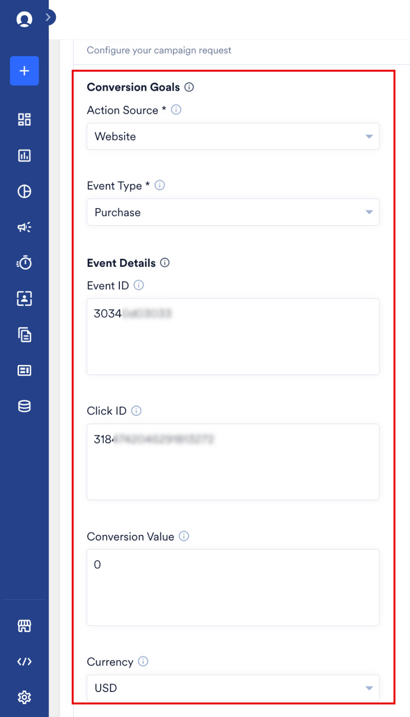 Reddit campaign Conversion Goals and Event Details fields in MoEngage