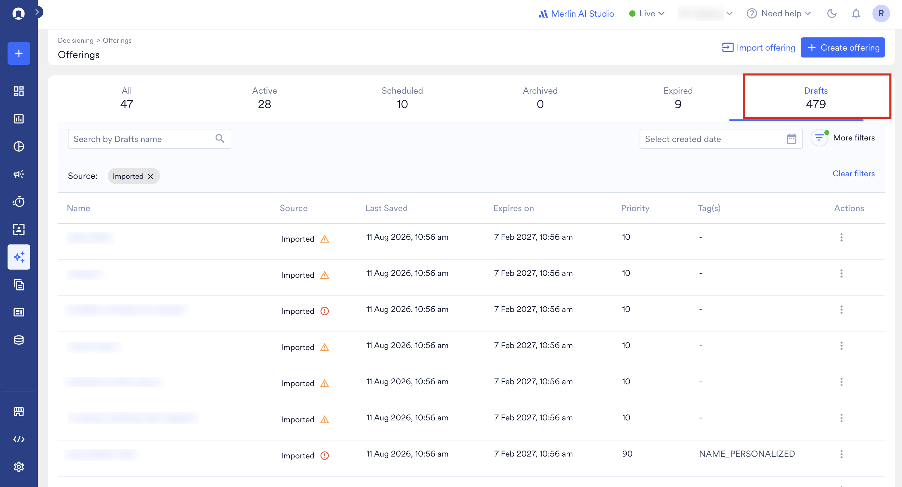Drafts tab on the All Offerings page showing the Source column with the Imported label and warning and error icons