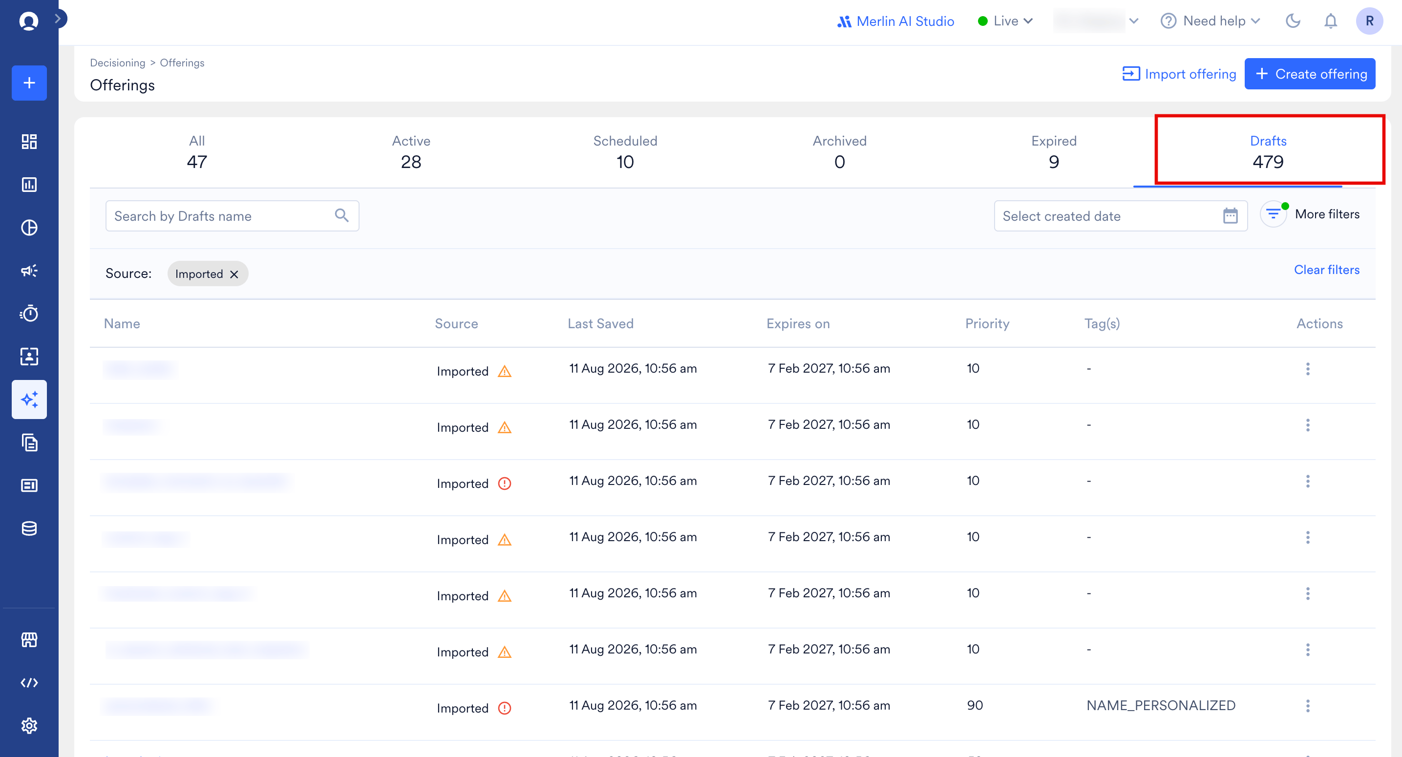 Drafts tab on the All Offerings page showing the Source column with the Imported label and warning and error icons