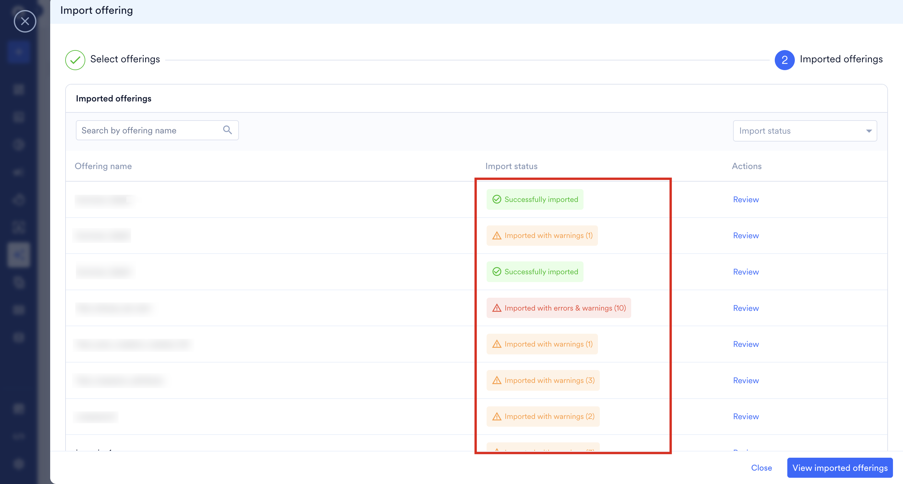 Imported offerings list showing import statuses such as Successfully imported and Imported with warnings, each with a Review link