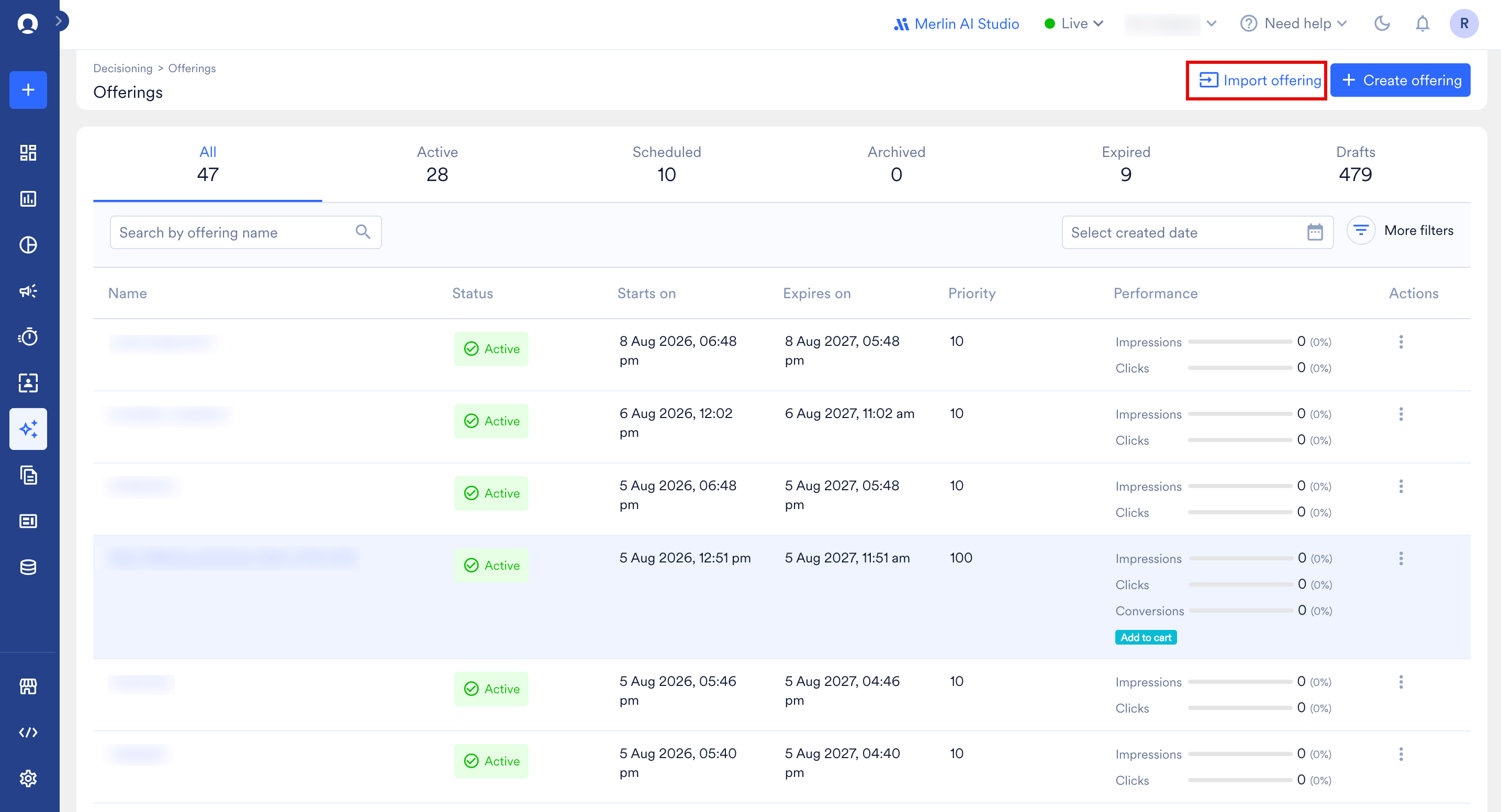 All Offerings page with the Import offering button highlighted in the upper-right corner