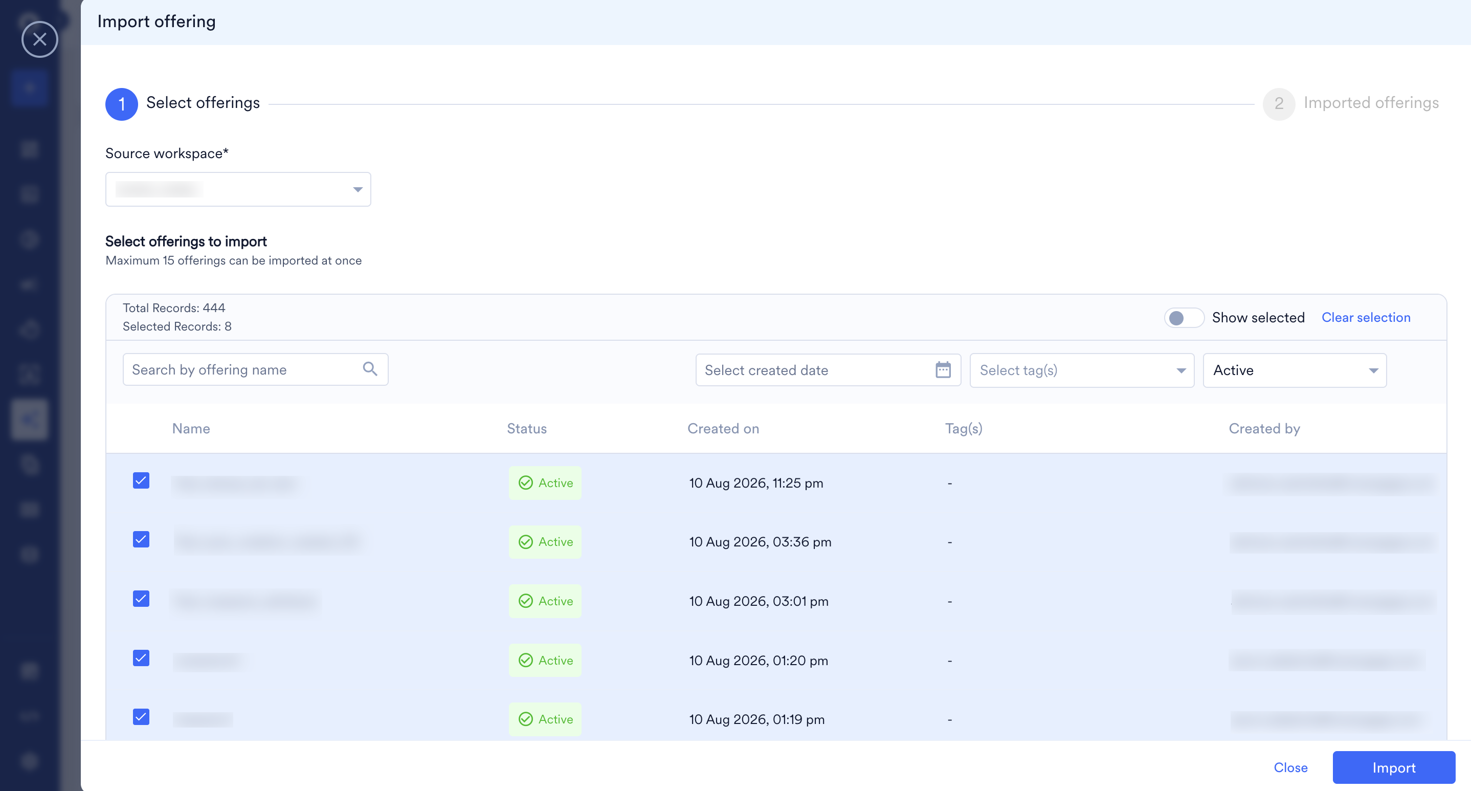 Import offering window with several offerings selected and the Import button active