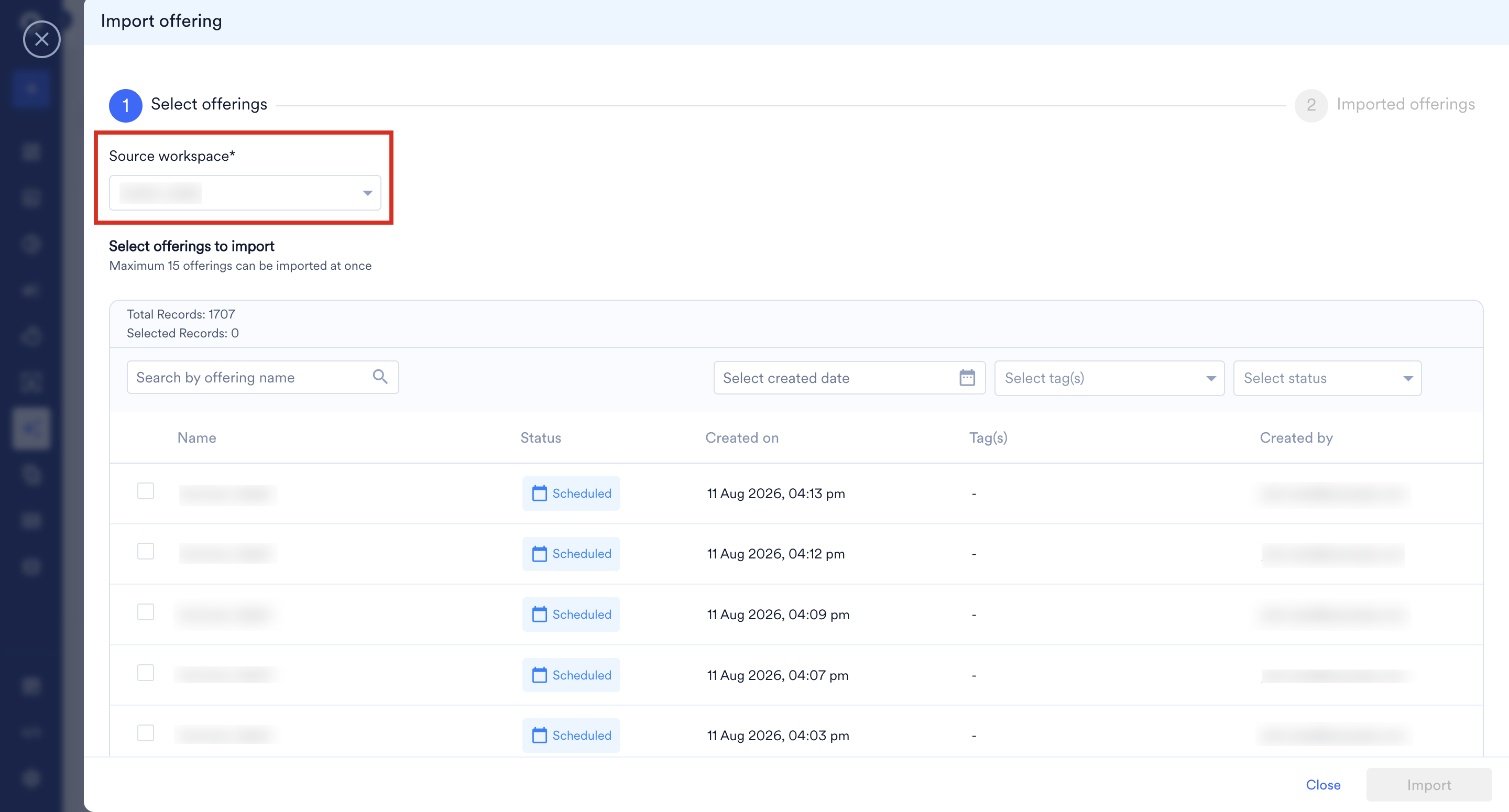 Import offering window with the source workspace selected and the list of offerings to import below it