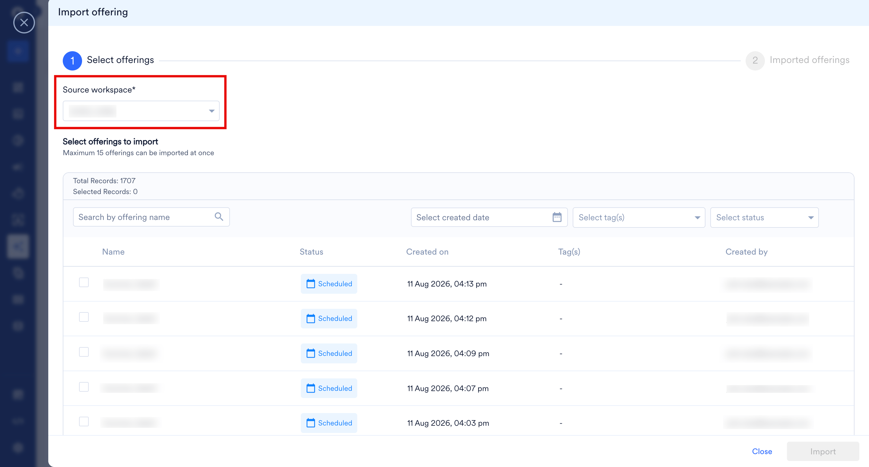Import offering window with the source workspace selected and the list of offerings to import below it