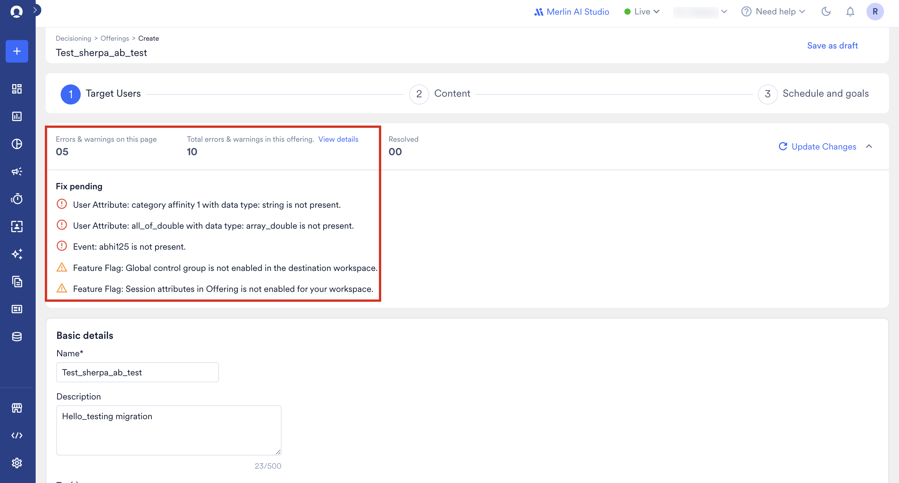 Offering setup step showing the error and warning counts and the Fix pending list of issues to resolve