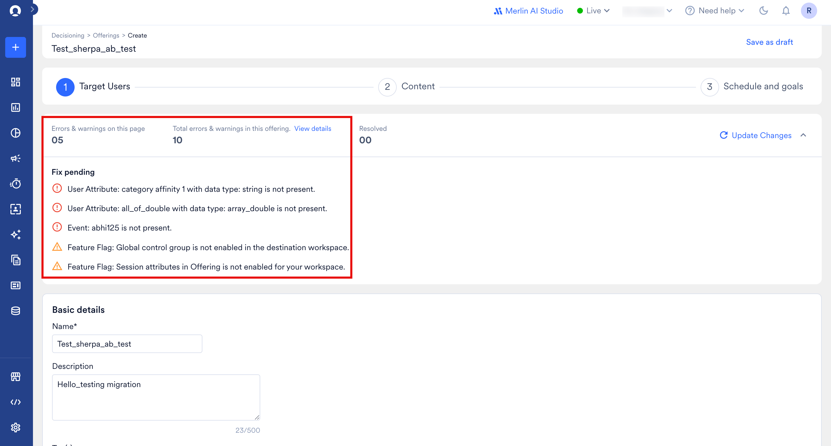Offering setup step showing the error and warning counts and the Fix pending list of issues to resolve