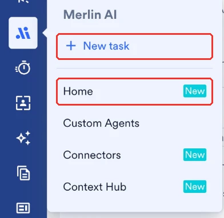 The Merlin AI menu expanded in the left navigation, with the New task and Home items highlighted alongside Custom Agents, Connectors, and Context Hub