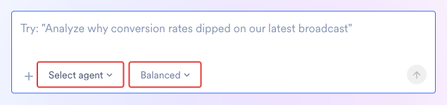 The task composer with the Select agent control and the Balanced mode control highlighted below the message box