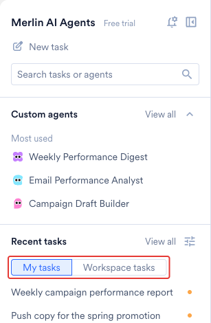 The left pane of the Merlin AI Agents hub showing the Recent tasks list with the My tasks and Workspace tasks tabs highlighted