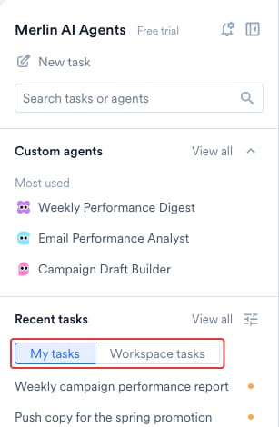 The left pane of the Merlin AI Agents hub showing the Recent tasks list with the My tasks and Workspace tasks tabs highlighted