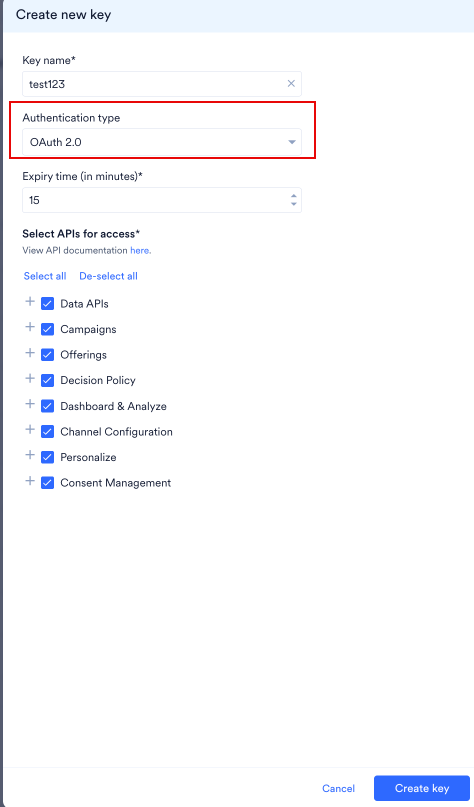 Create new key dialog with Authentication type set to OAuth 2.0, showing the Expiry time in minutes box and the API groups listed under Select APIs for access