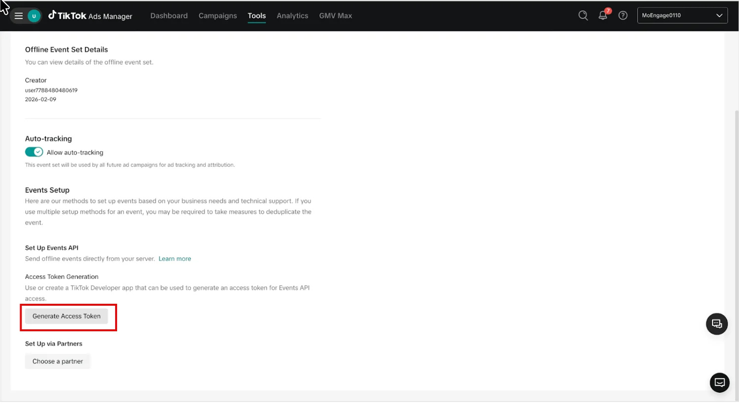 Click the Settings tab for the event set, scroll to the Set Up Events API section, and then click Generate Acc