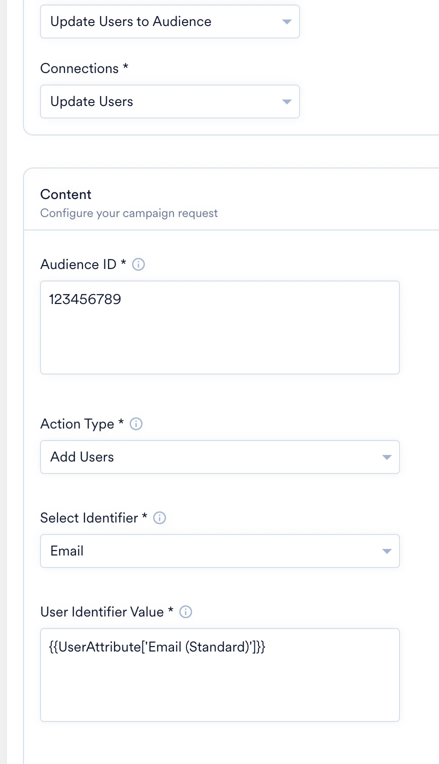 Update Users to Audience connector fields in MoEngage