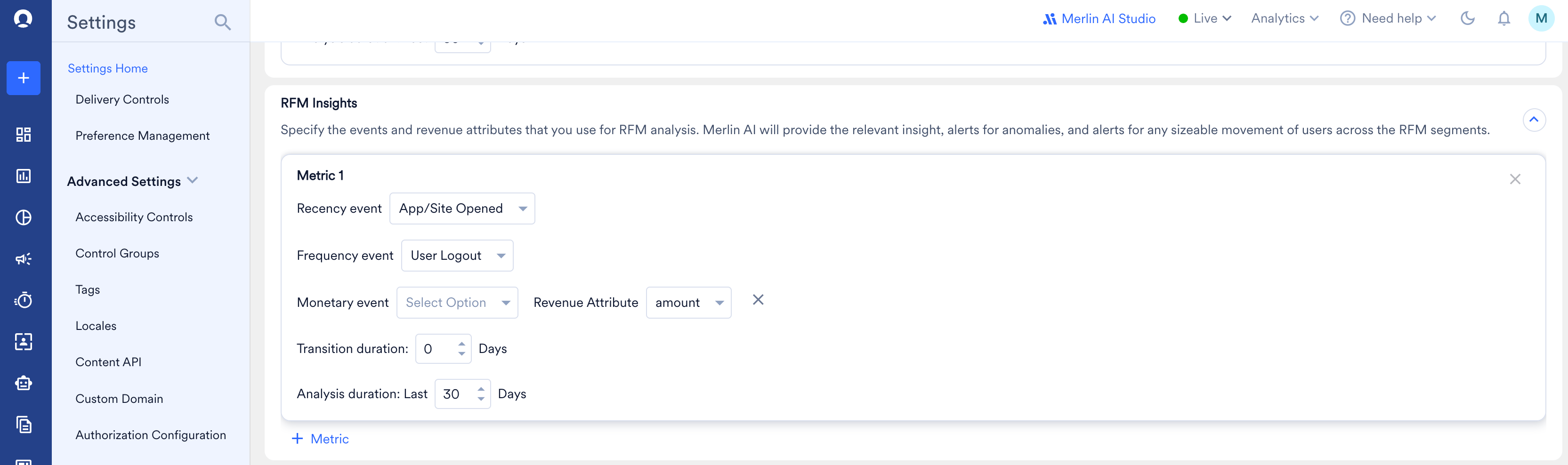 RFM Insights configuration with Recency, Frequency, and Monetary events in Proactive Insights settings