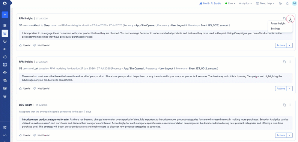 Using the Actions menu on a Proactive Insights insight to save a segment, run an analysis, or create a campaign