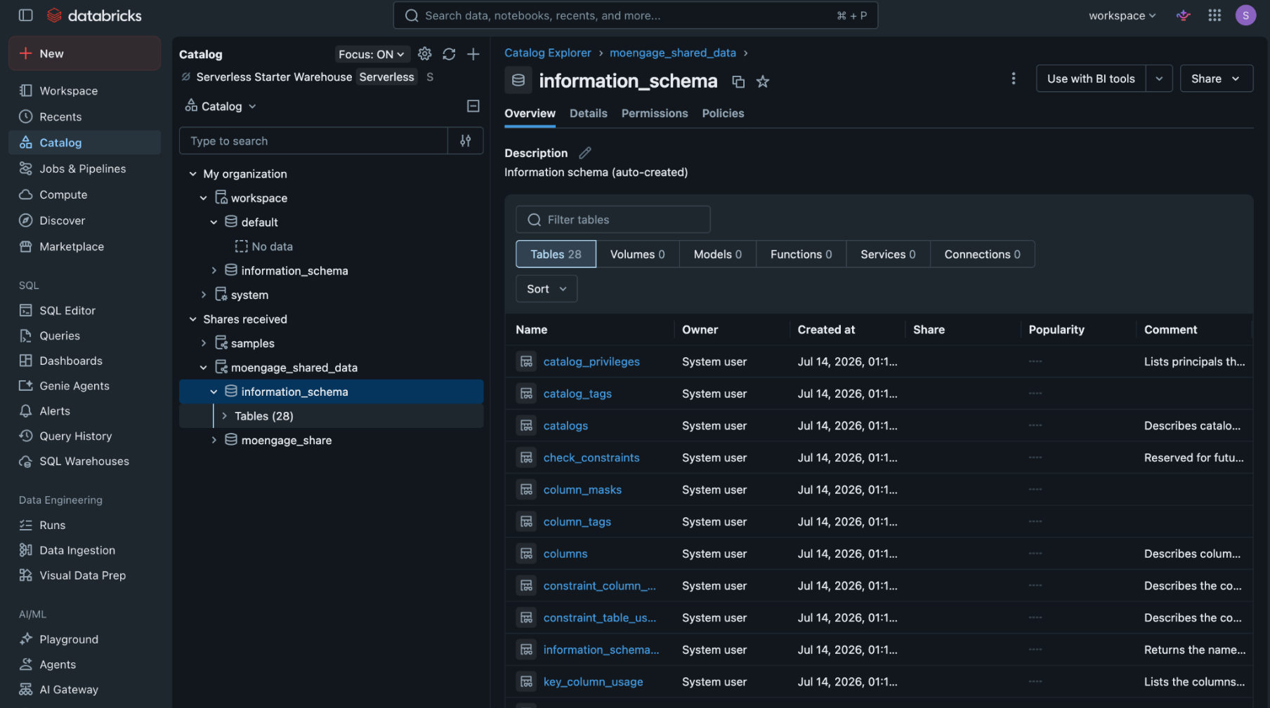 Databricks Catalog Explorer showing the mounted moengage_shared_data catalog under Shares received, with its schemas and tables