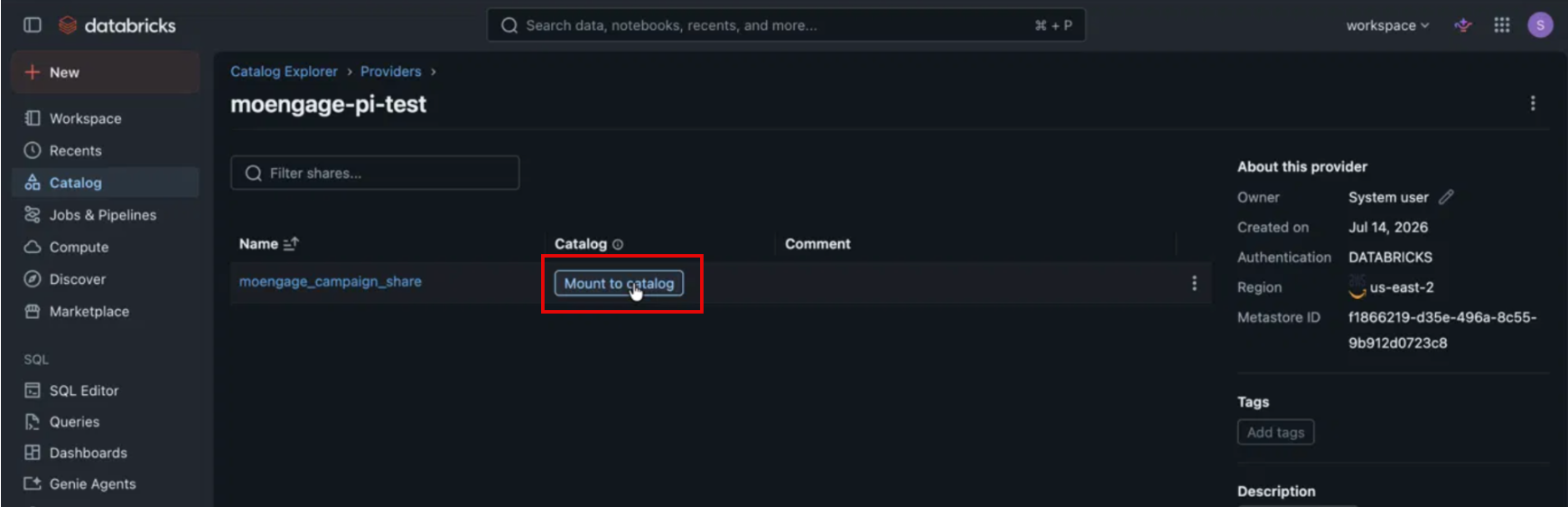 Databricks provider page showing the MoEngage share with the Mount to catalog button highlighted
