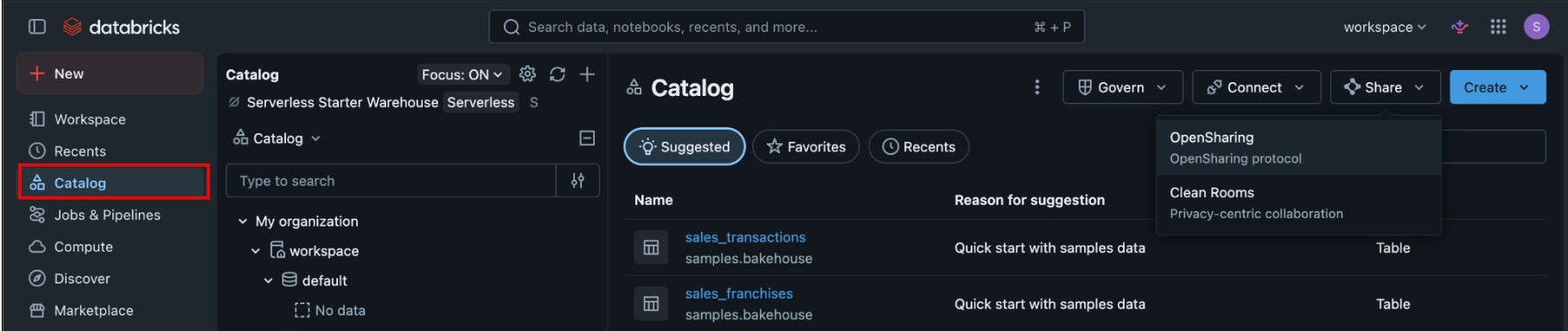 Databricks Catalog page with the Share menu open, showing the OpenSharing option