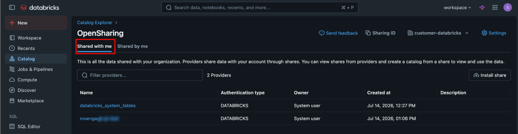 Databricks OpenSharing page with the Shared with me tab highlighted, listing the available providers