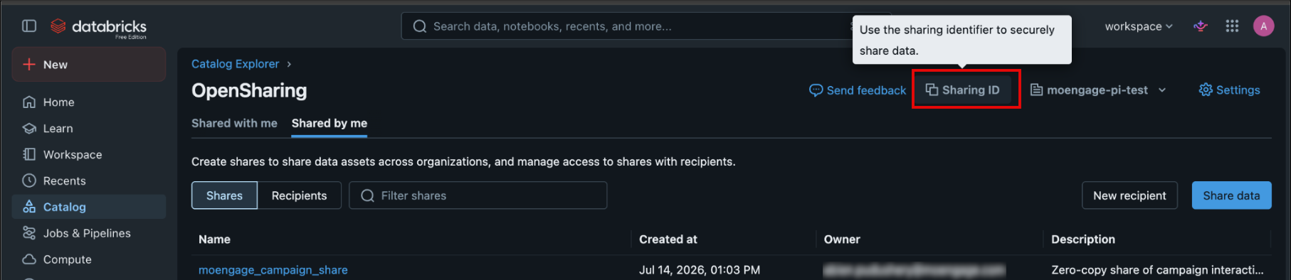Databricks OpenSharing page with the Sharing ID button highlighted