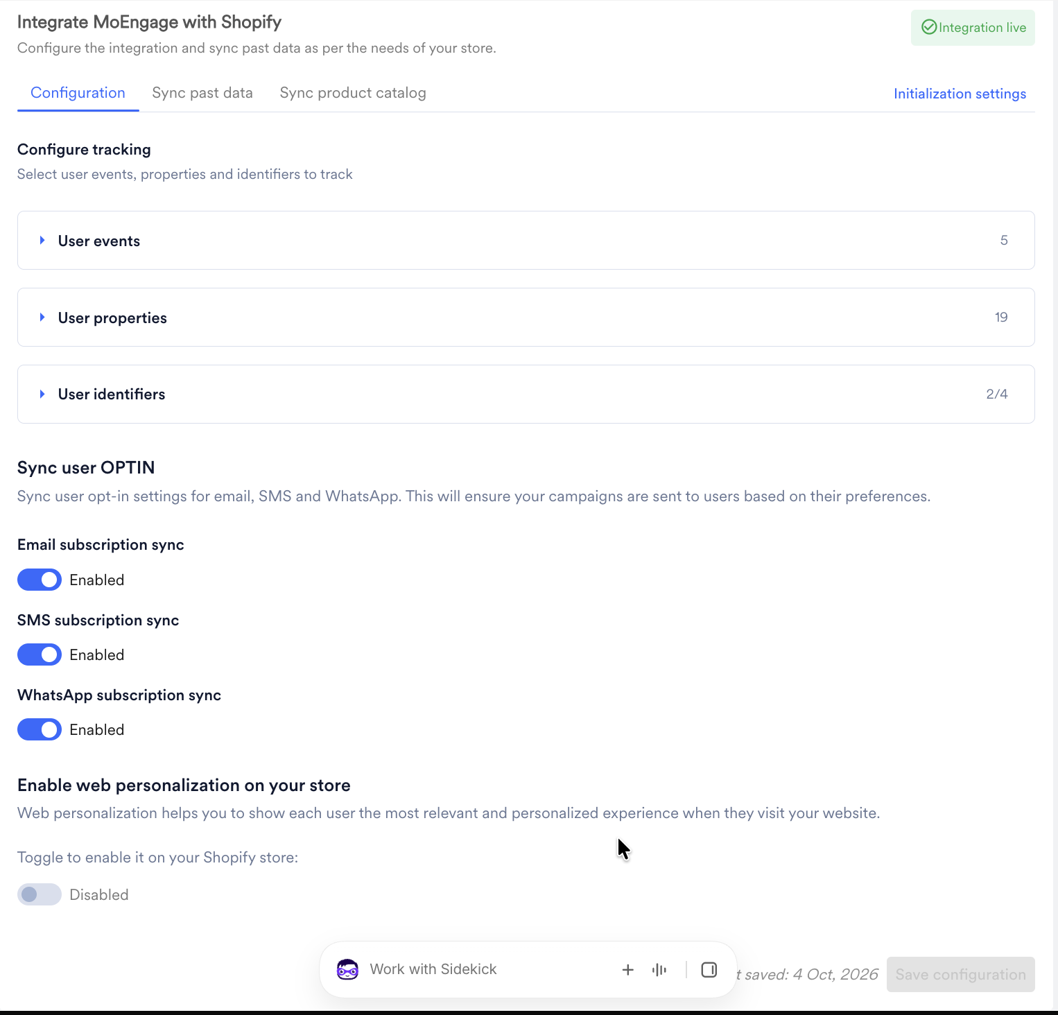 Configuration tab in the MoEngage Shopify app showing the Configure tracking and Sync user OPTIN sections