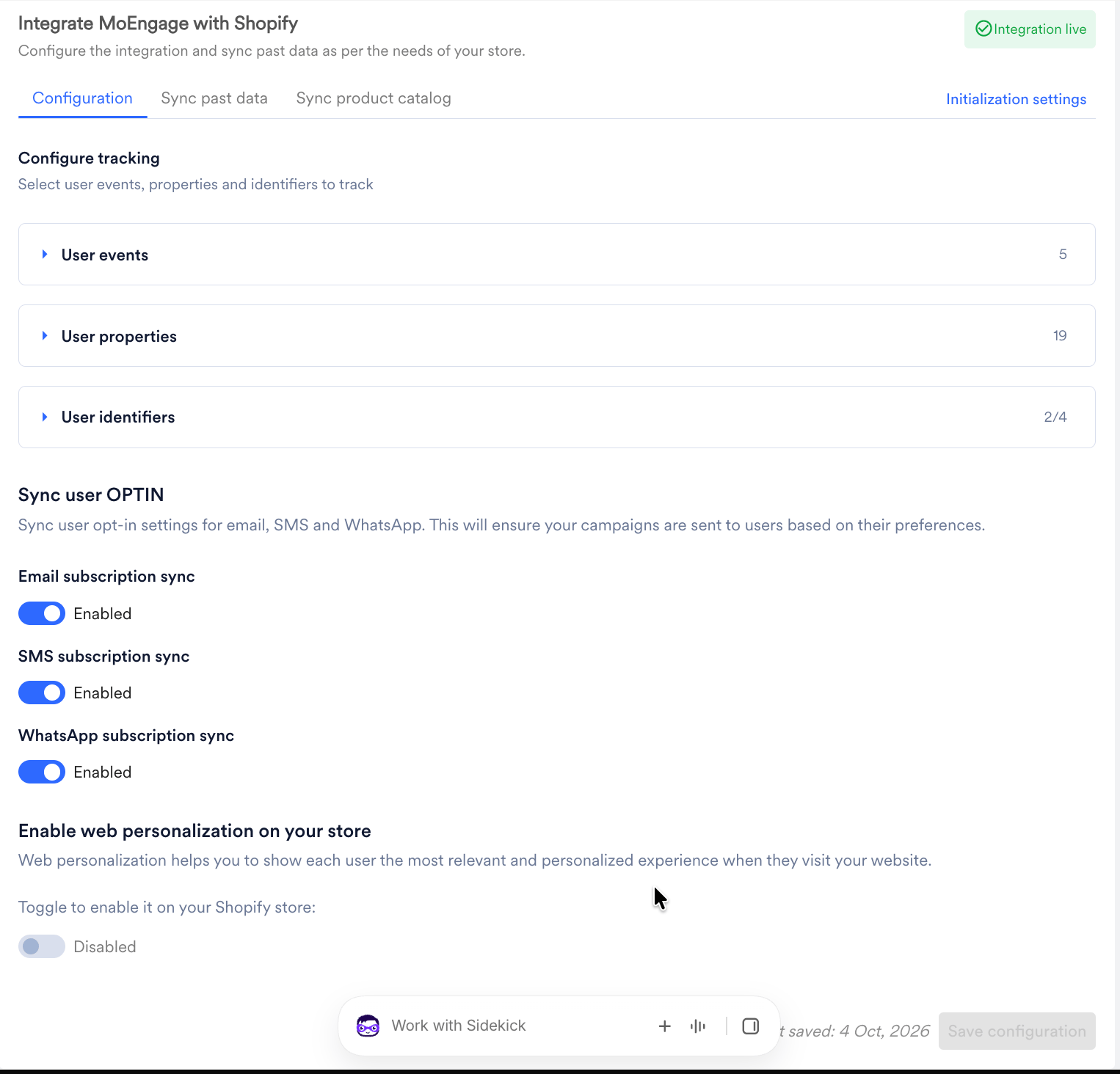 Configuration tab in the MoEngage Shopify app showing the Configure tracking and Sync user OPTIN sections
