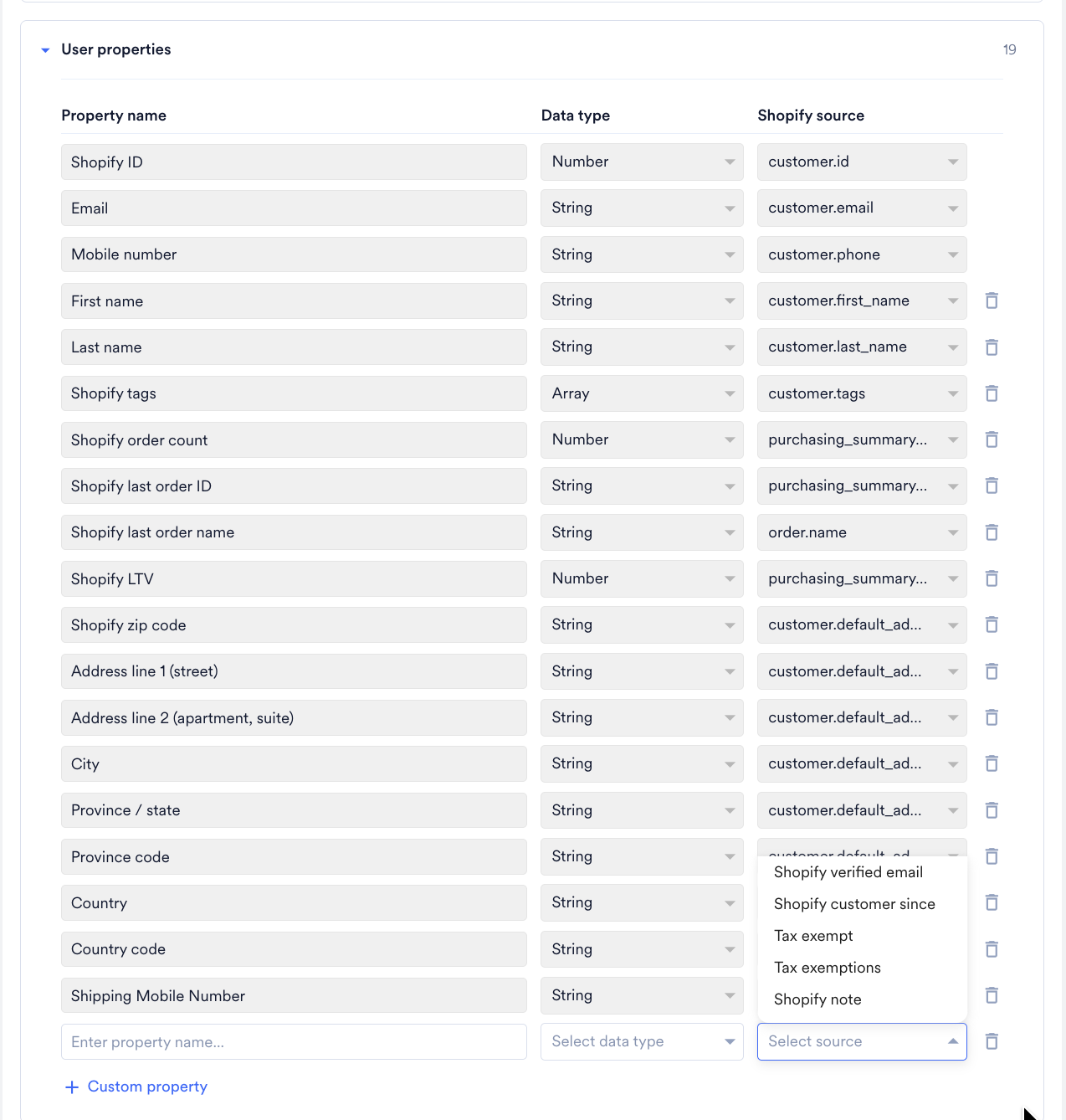 User properties section with the Shopify source list expanded for a new custom property