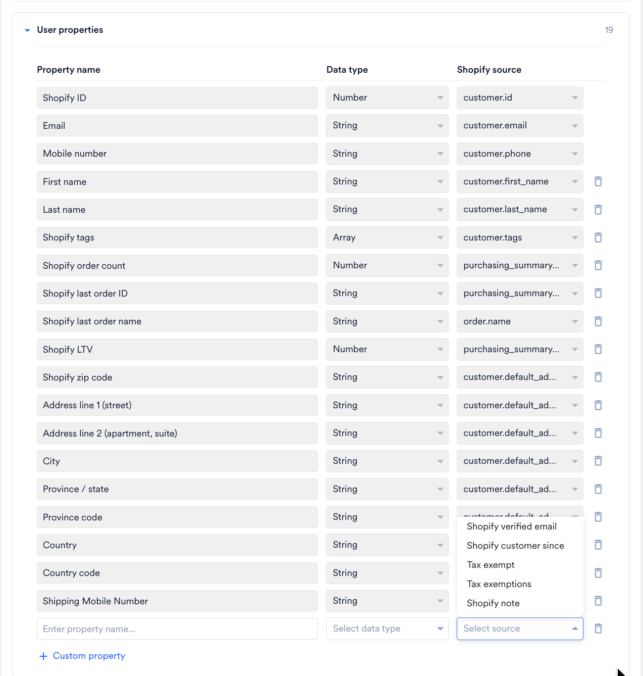 User properties section with the Shopify source list expanded for a new custom property