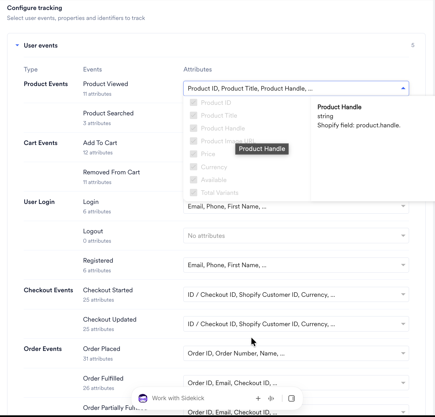 User events section listing each event type, event, and its attributes