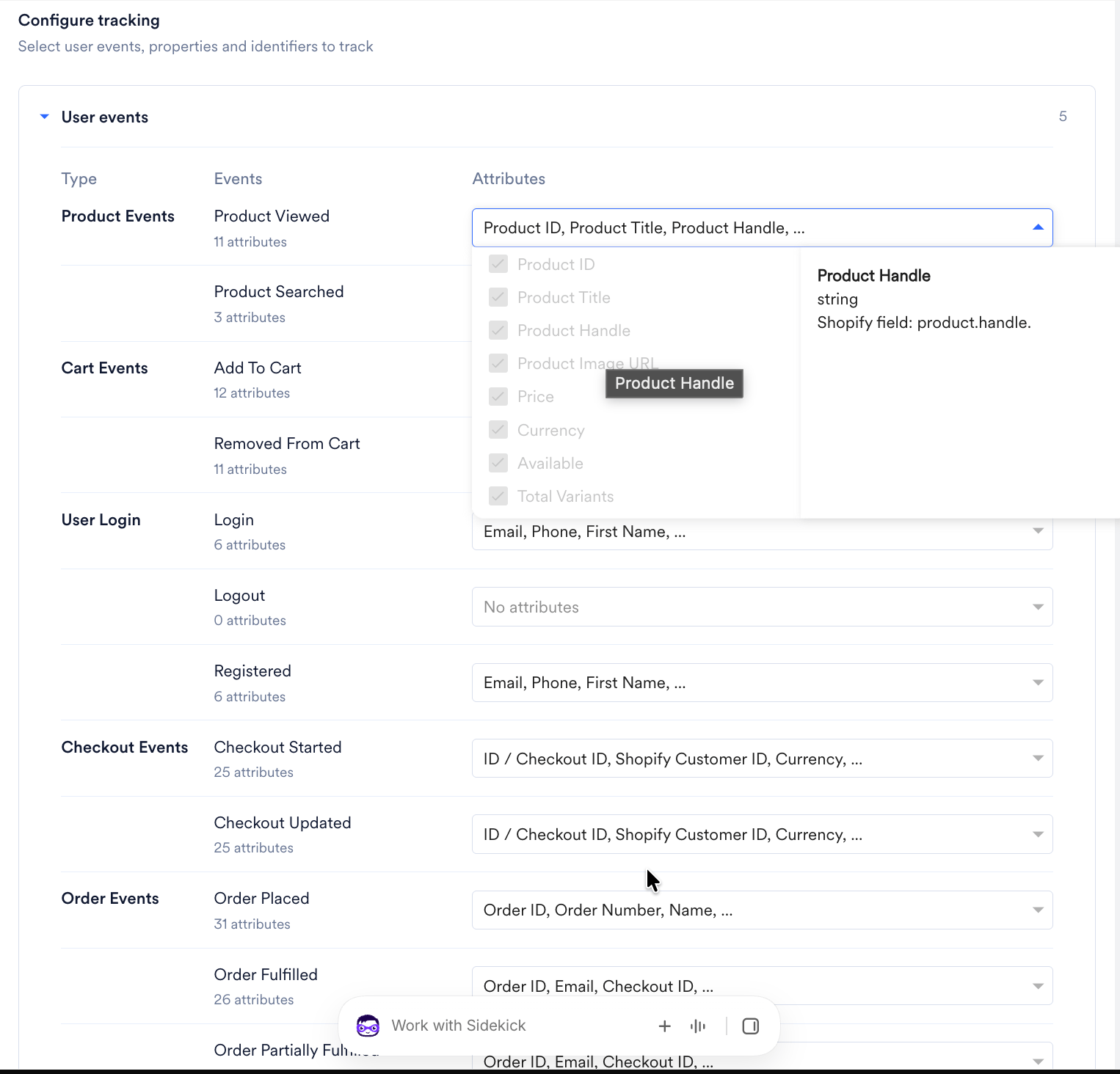 User events section listing each event type, event, and its attributes