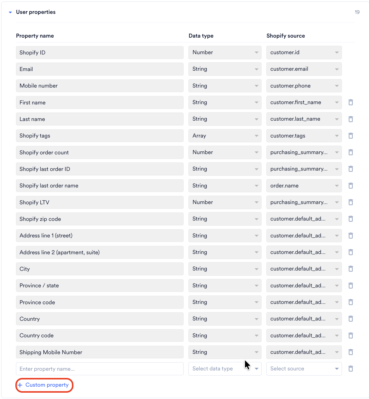 User properties section in the MoEngage Shopify app