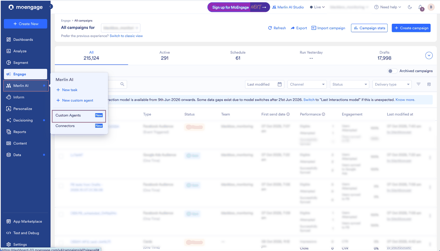 Merlin AI menu open on the sidebar with Custom Agents highlighted