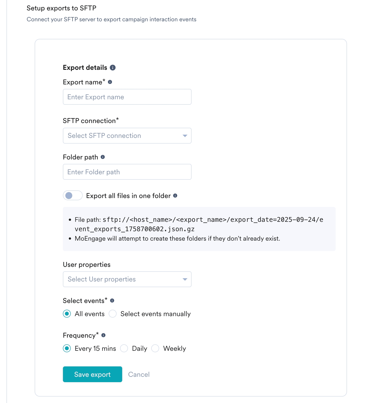 Export details panel for an SFTP export, with the export name, connection, folder path, user properties, events and frequency