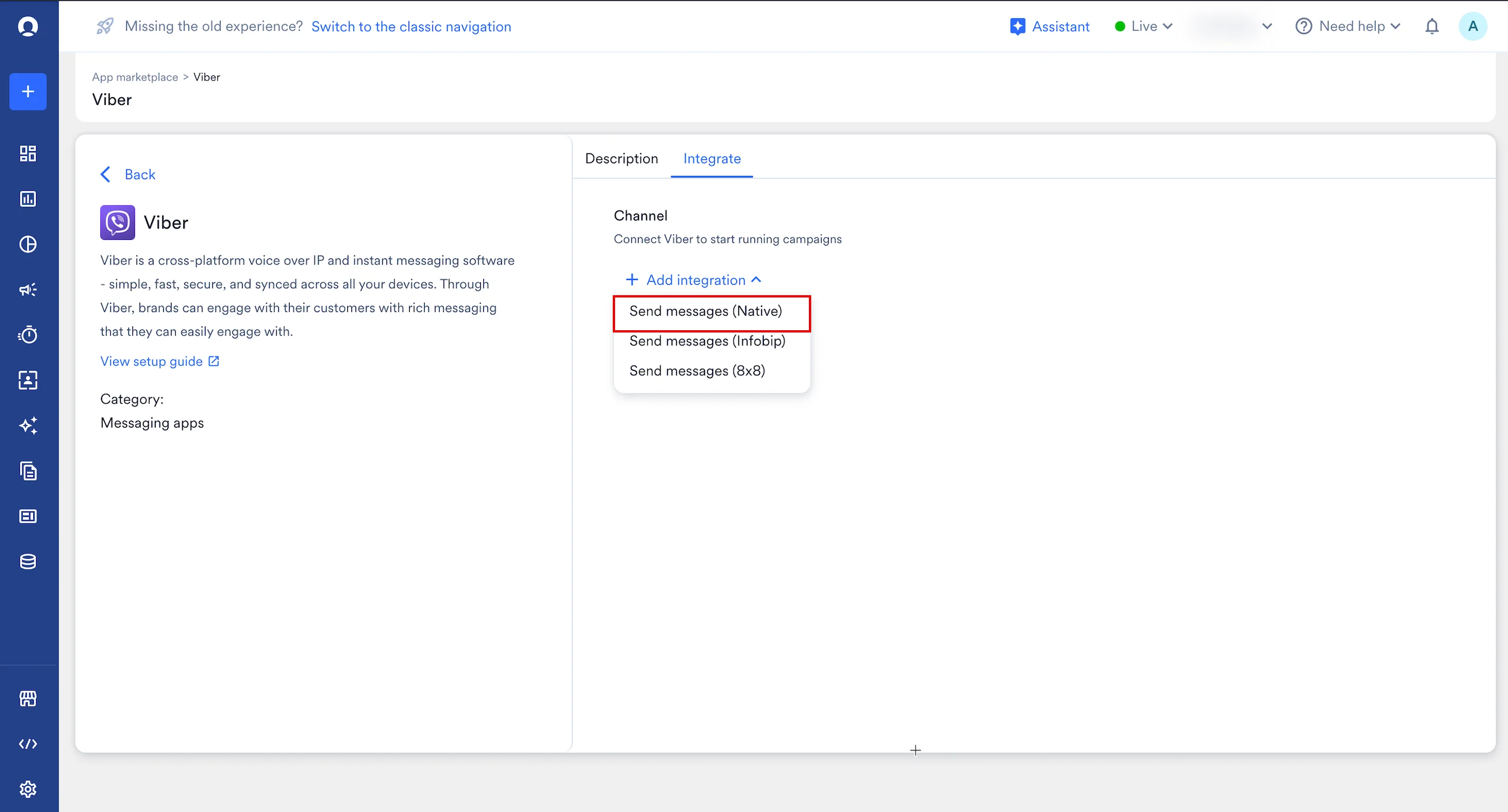 Integration dropdown with Send messages (Native) selected