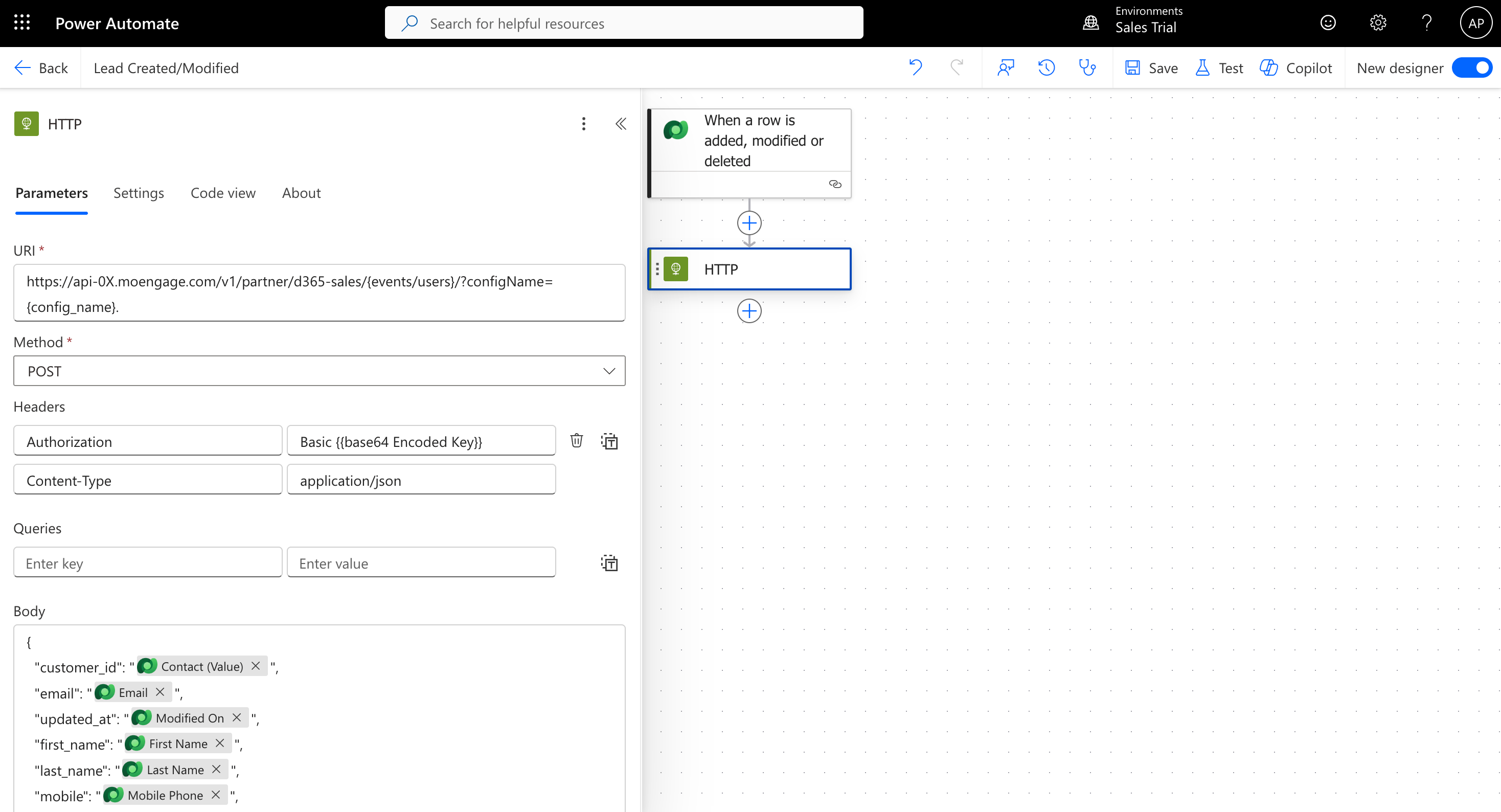 Power Automate HTTP webhook action configured with method, URL, and custom headers