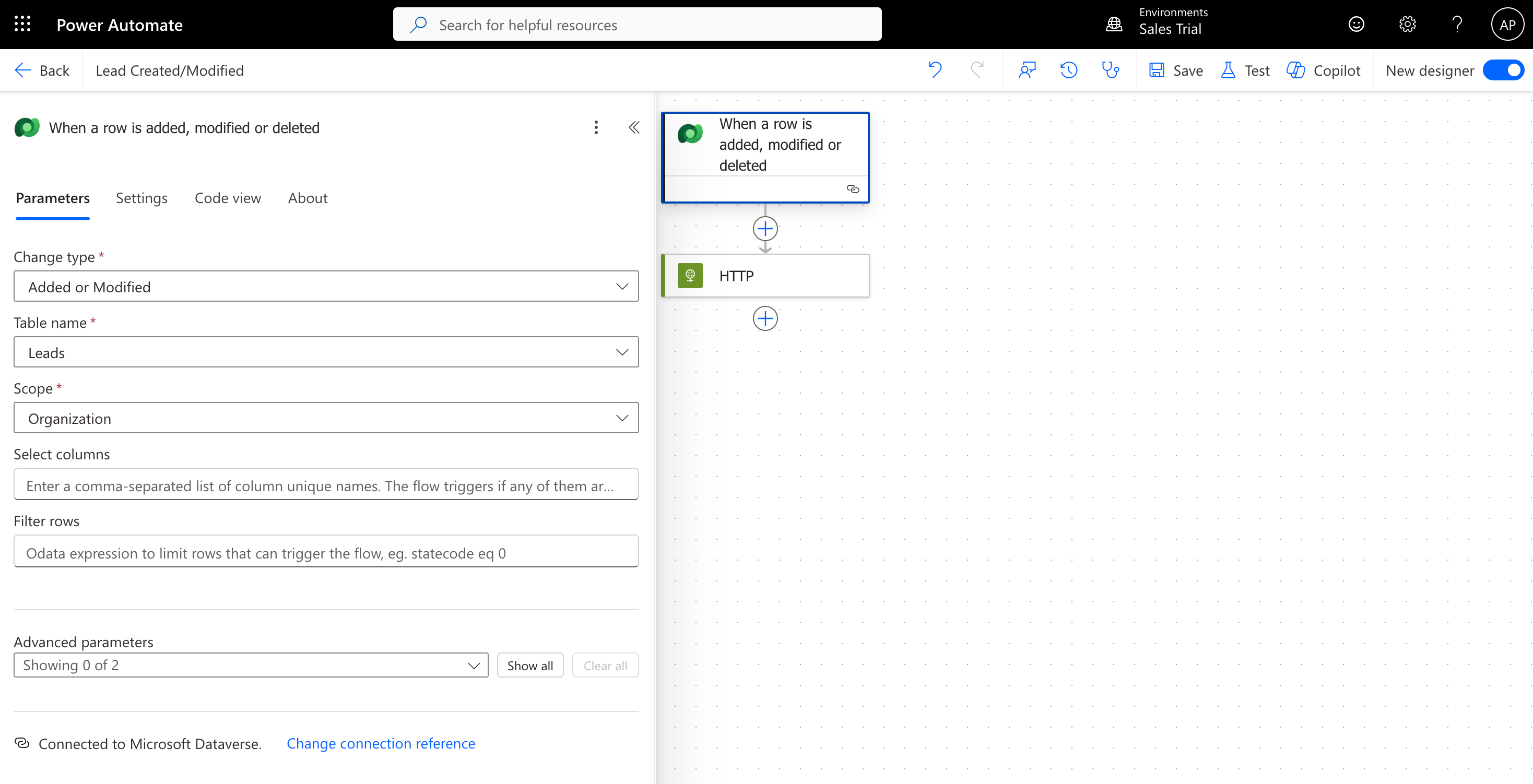Power Automate trigger configuration screen with Table, Scope, and Trigger on fields
