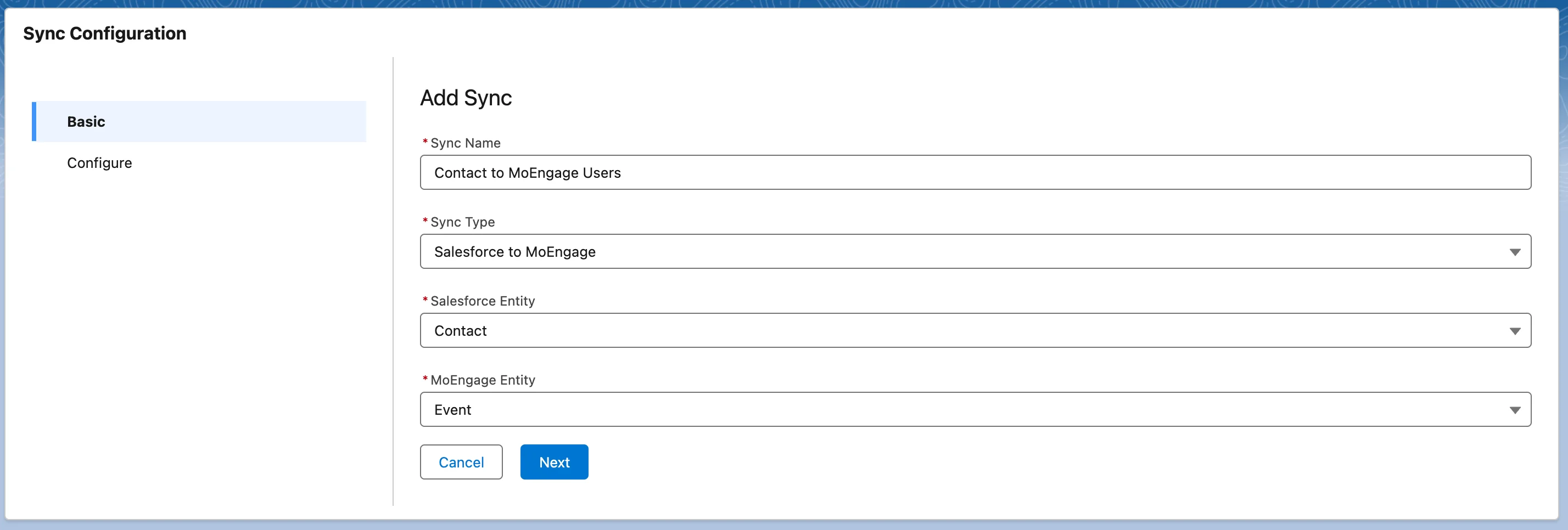 Basic sync details form for a new Salesforce-to-MoEngage sync