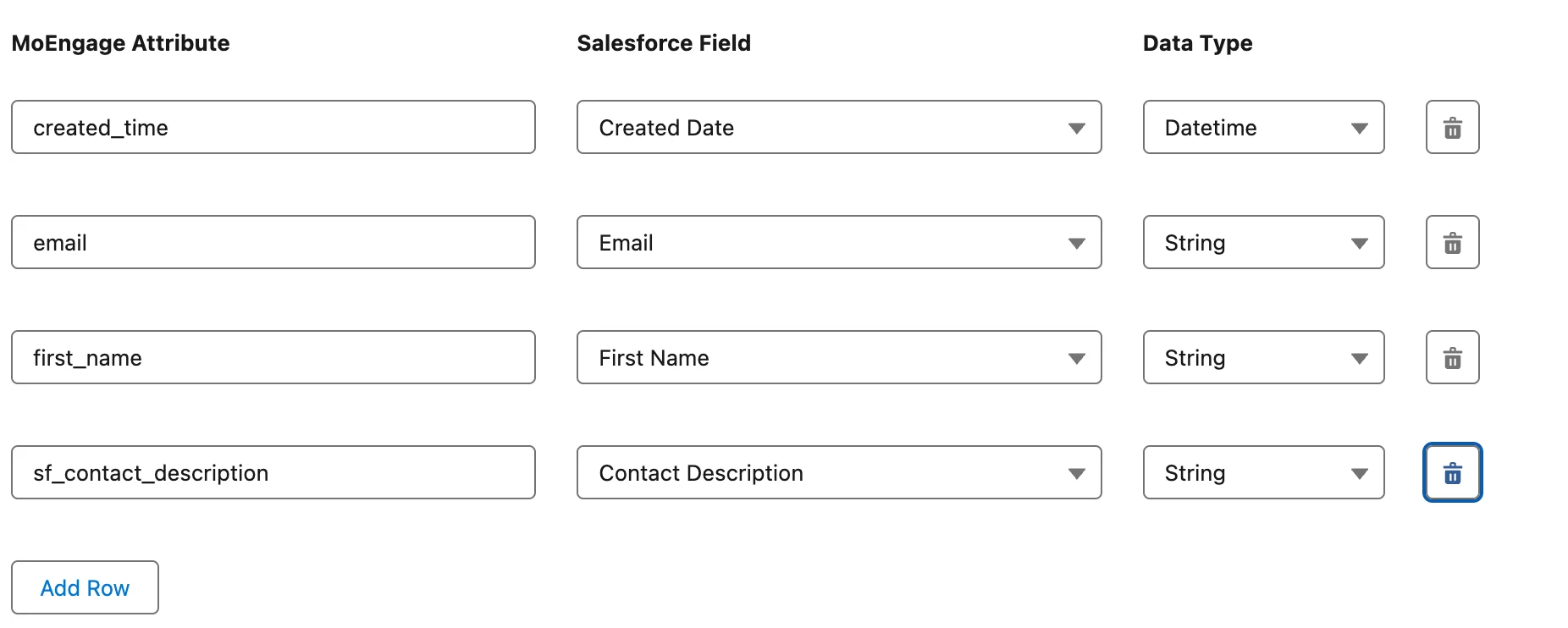 Field mapping table with MoEngage attributes mapped to Salesforce Contact fields